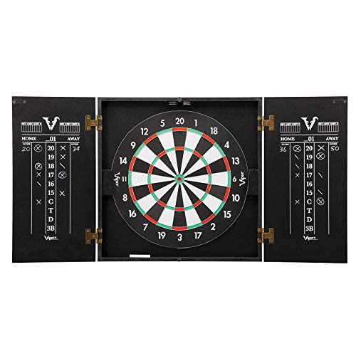 Viper Hideaway Dartboard Cabinet Set Bundle with Reversible Steel Tip & Baseball Games, 2 Darts, Chalk Scoreboards, Matte Black Finish