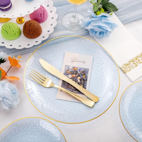 Blue Gold Rim Disposable Dinnerware Set - 175 Pcs for 25 Guests - Hammered Pattern