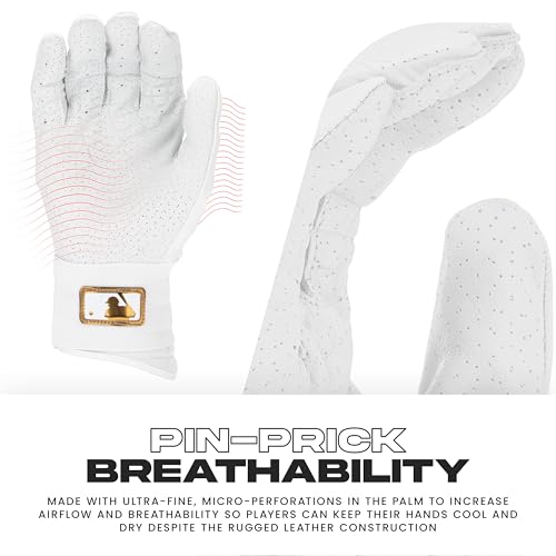 Franklin Sports MLB Batting Gloves Adult Medium White/Gold - Powerstrap Long Cuff, Durable Leather, Breathable for Baseball & Softball