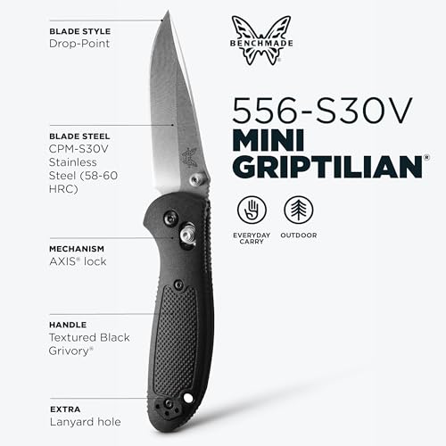 Benchmade Mini Griptilian Knife Drop-Point Blade - Black Grivory Handle, Plain Edge