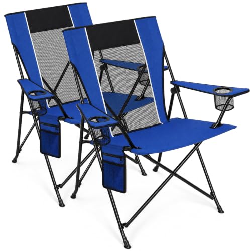 Romswi Large Blue Foldable Camping Chair with Mesh Back & 2 Cup Holders - Outdoor & Portable 2-Pack