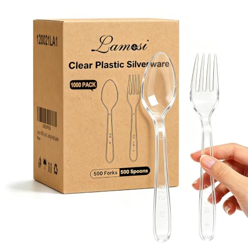 Lamosi 1000 Count Heavy Duty Clear Plastic Forks and Spoons - Food-Grade, Disposable Cutlery Set