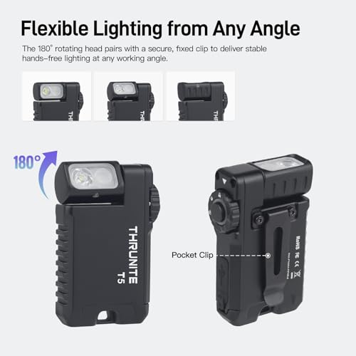ThruNite T5 Mini EDC Flashlight - Black CW Rechargeable Pocket Light with Magnetic Clip
