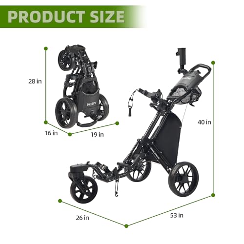 FLAGTAG Black 3-Wheel Golf Push Cart with Foldable Design & Swivel Front Wheel