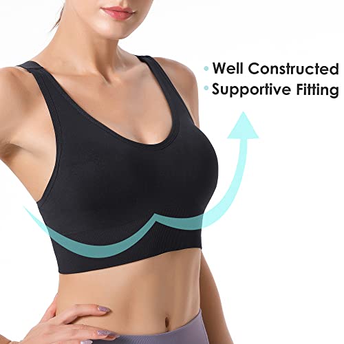 Large Black Support Sports Bras 3 Pack - Padded Seamless Criss Cross