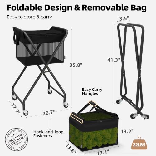 Foldable Tennis Ball Hopper Cart with Removable Ball Bag - Portable Ball Storage Organizer