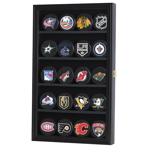 DisplayGifts Black Hockey Puck Display Case Wall Shelf Shadow Box with UV Protection