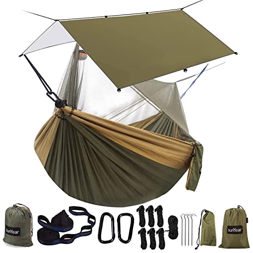 Sunyear Double Camping Hammock with Rain Fly Tarp and Net - Green Bundle 78"W x 118"L