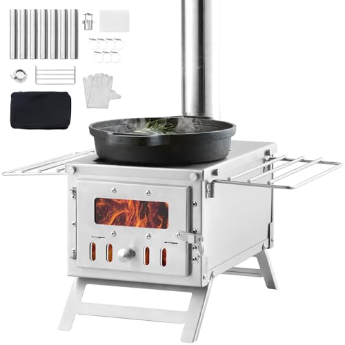 Portable Stainless Steel Camping Wood Stove 12.32x7.80x6.10in with Chimney & Gloves - 10.5L