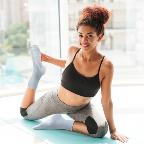 Blue Women Pilates Socks with Non-Slip Grips, Ruffled Cuff - 3 Pairs