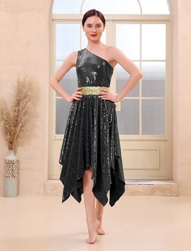 XX-Large Black Shiny Sequin One-Shoulder Dance Overlay Dress for Worship