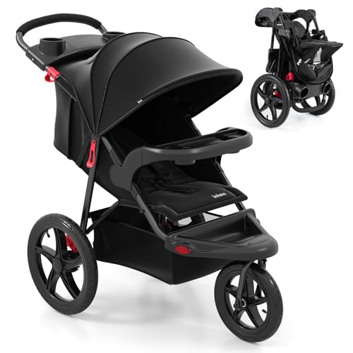 INFANS Foldable Jogging Stroller with Air-Filled Tires - Black, Adjustable Backrest