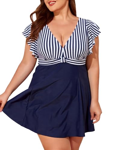 Plus Size Navy Stripe One Piece Swimsuit with Tummy Control - 4X-Large Plus