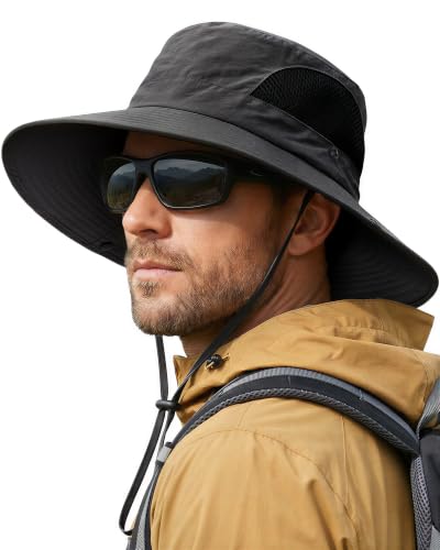 Wide Brim UV Sun Hat for Men Women Waterproof Bucket Hat Black - Sun Protection