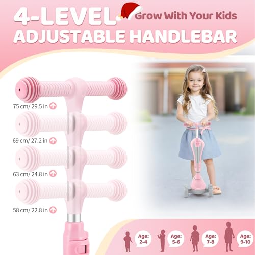 AODI Light Pink 2-in-1 Kids Scooter with Seat, LED Light-Up Wheels & Adjustable Height