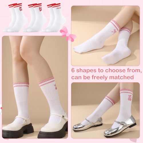 Cute Cherry Crew Socks for Women and Girls - 6 Pairs White Socks