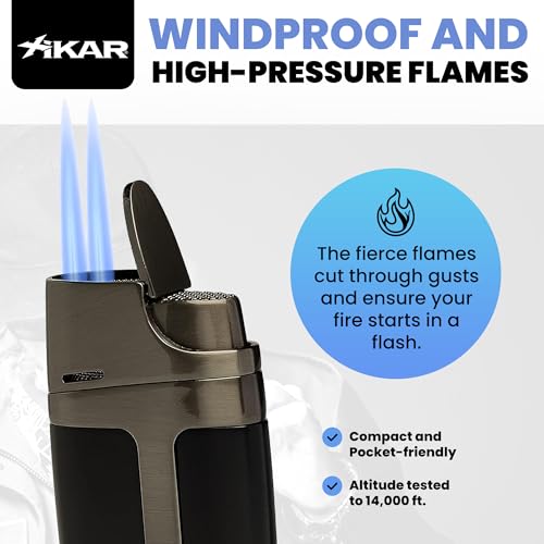 Refillable Double Jet Flame Cigar Lighter with 9mm Punch & Adjustable Flame - Black with Gunmetal