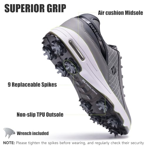 Men's Waterproof Golf Shoes Wide Spiked Non Slip Grey White - FENLERN 10