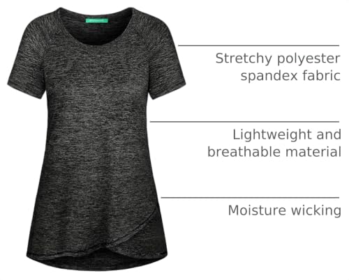 Women’s Yoga Workout Shirt - Raglan Sleeve, Round Neck, Irregular Hem, Black, X-Large