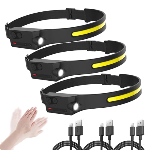 Rechargeable LED Headlamp with Motion Sensor - 3 Pack Black Ultra Bright Head Light