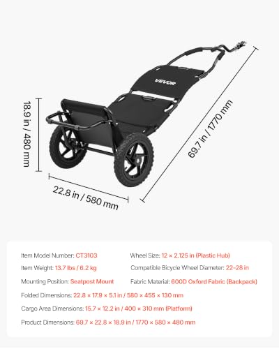 VEVOR Bike Cargo Trailer 60 lbs Load 3-in-1 Folding Bicycle Wagon with 12-Inch Wheels