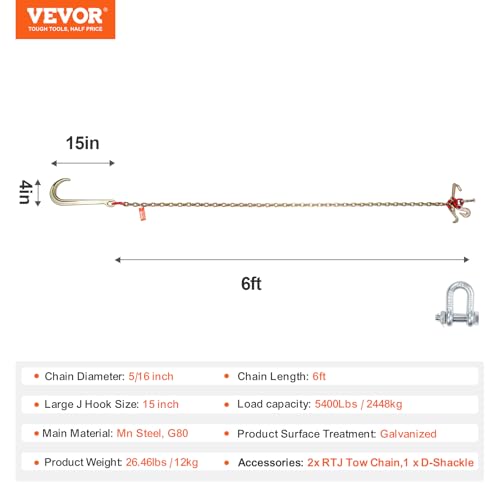 VEVOR 5/16 Inch x 6 FT G80 Heavy Duty Tow Chain with J Hook & Clusters