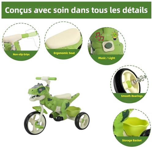 VIZZTY Dinosaur Kids Tricycle with Music & Storage Basket - Green, 3-7 Years