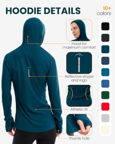 Women’s Merino Wool Hoodie Medium Deep Teal Slim Fit Quarter Zip Base Layer