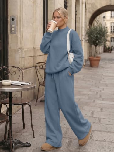Women's Mock Neck Sweat Sets - 2 Piece Fall Outfits, Medium / Grey Blue