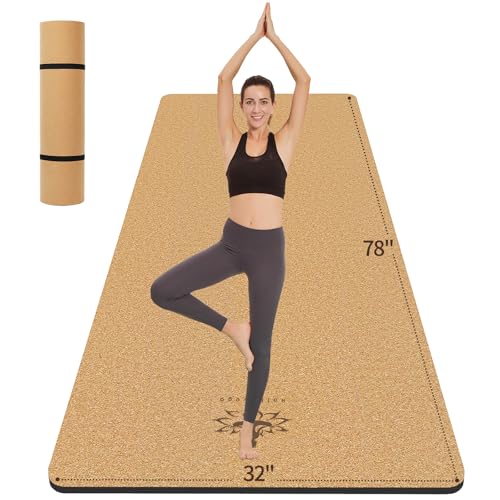 Hatha Yoga Extra Long 78x32 Inch Natural Cork & TPE Yoga Mat - Extra Thick, Non-Slip