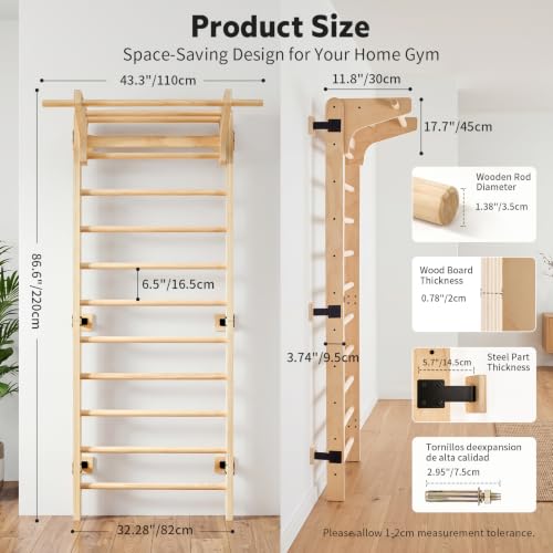 Neoflavie Wooden Wall Gym Ladder with Pull-Up Bar, Heavy-Duty 330LB Support