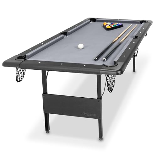 GoSports 6 Ft Foldable Pool Table with Accessories - Black Frame & Gray Felt, Portable Billiards Game