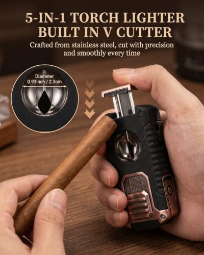5-in-1 Butane Torch Lighter with Copper & Matte Black - Windproof Triple Jet Flame, Punch & V Cutter, Refillable Pocket Tool