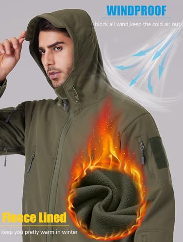 Men's Army Special Ops Tactical Softshell Jacket with Fleece Hoodie - Medium, Army Green