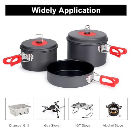 ALOCS Camping Cookware Set 3.5L + 2.2L Pots and 21.6cm Frying Pan - Lightweight Portable Kitchen for 4 People