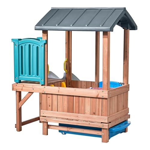 Wooden Kids Playhouse with Slide & Swings Outdoor Playground Set