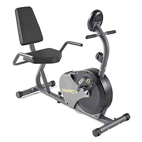 Marcy Magnetic Recumbent Exercise Bike with Adjustable Resistance, Transport Wheels, 11x22x31 Inches - Black/Grey