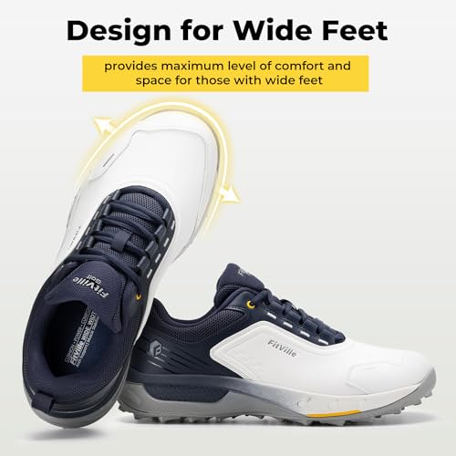 FitVille Wide Men's Spikeless Golf Shoes - Water Resistant, Pro-GreenEase V7, 11 Wide, White/Navy