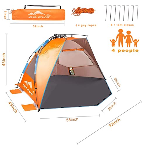 Oileus Extra Large 4-Person UV Beach Tent with Sand Pockets - Orange