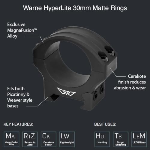 Warne HyperLite 30mm Scope Rings Black Low Profile - Lightweight & Durable