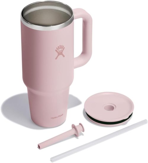 Hydro Flask Travel Tumbler - Insulated Stainless Steel with Handle & Straw | 40 Oz Tonal Trillium Pink
