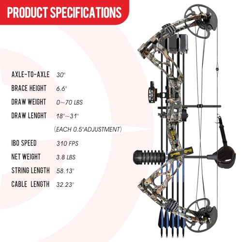 Sanlida Dragon X8 RTH Camo Pro Compound Bow Package - Adjustable 18-31", 0-70 lbs, 310 fps, No Bow Press Needed