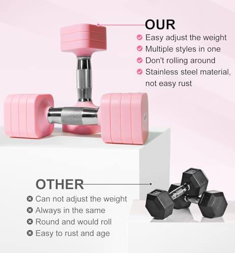 Pink Adjustable Dumbbell Set 10LB Each - Space-Saving Hand Weights for Women Men