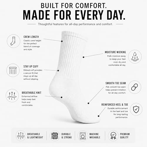 Winterlace Unisex Crew Socks Large White 72 Pairs Moisture-Wicking Cotton