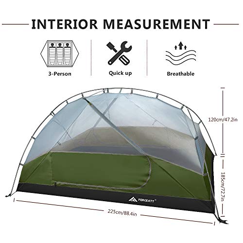 Forceatt 3-Person Waterproof Windproof Camping Tent - Green, Quick Setup