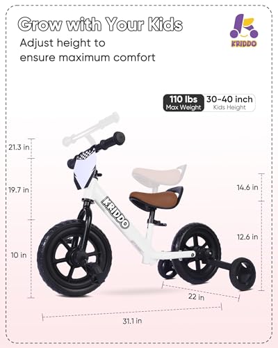KRIDDO White 2-in-1 Kids Tricycle & Balance Bike for 2 Year Olds