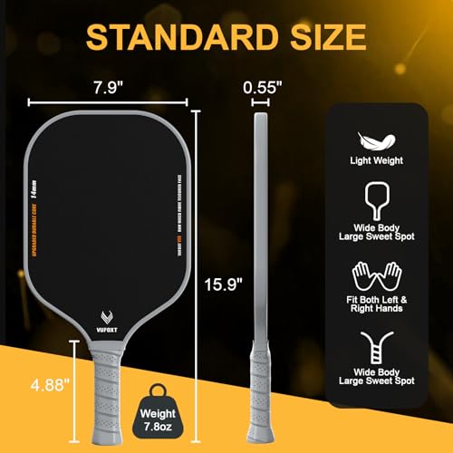 Grey Pickleball Paddles Set of 4 - USAPA Approved Carbon Fiber Surface, Lightweight 14mm PP Honeycomb Core for Beginners