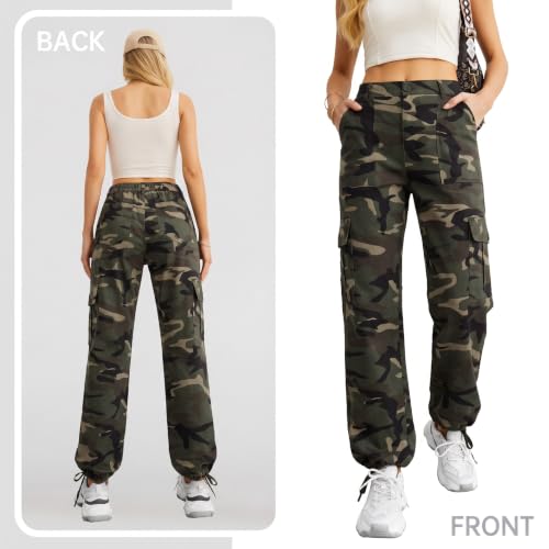 Lepunuo Women's High Waisted Cargo Pants - Travel Y2K Streetwear Baggy Stretchy with 6 Pockets, Drawstring, Ankle Cuffs, Large / Camouflage Green