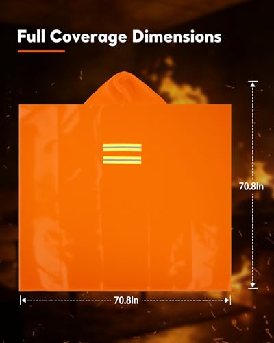 Emergency Fireproof Cloak with Hood - Extra Large 70.87 x 70.87 Inches, Heat Resistant Fire Escape Poncho in Orange