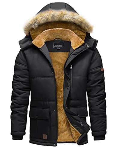 Men's Winter Parka Jacket with Hood - Water-Resistant & Windproof, Medium Black